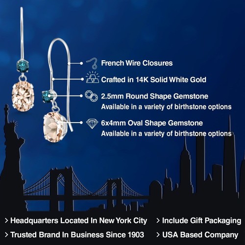 14K White Gold Peach Morganite and Blue Diamond French Wire Dangle Earrings For - Picture 2 of 6