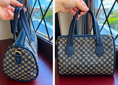 Women's Monogram Top Handle Zip Handbag, Detachable Strap, Black/Beige