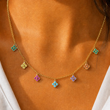 Rainbow Clover Necklace Colorful CZ Flower Charm Necklace Dainty Multicolor