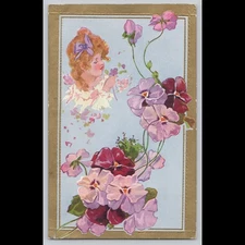 Antique Postcard with Floral Design and Young Girl Illustration