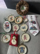 Vintage Lot Of 12 Framed & Unframed Cross Stitch Needlepoint Christmas Ornaments