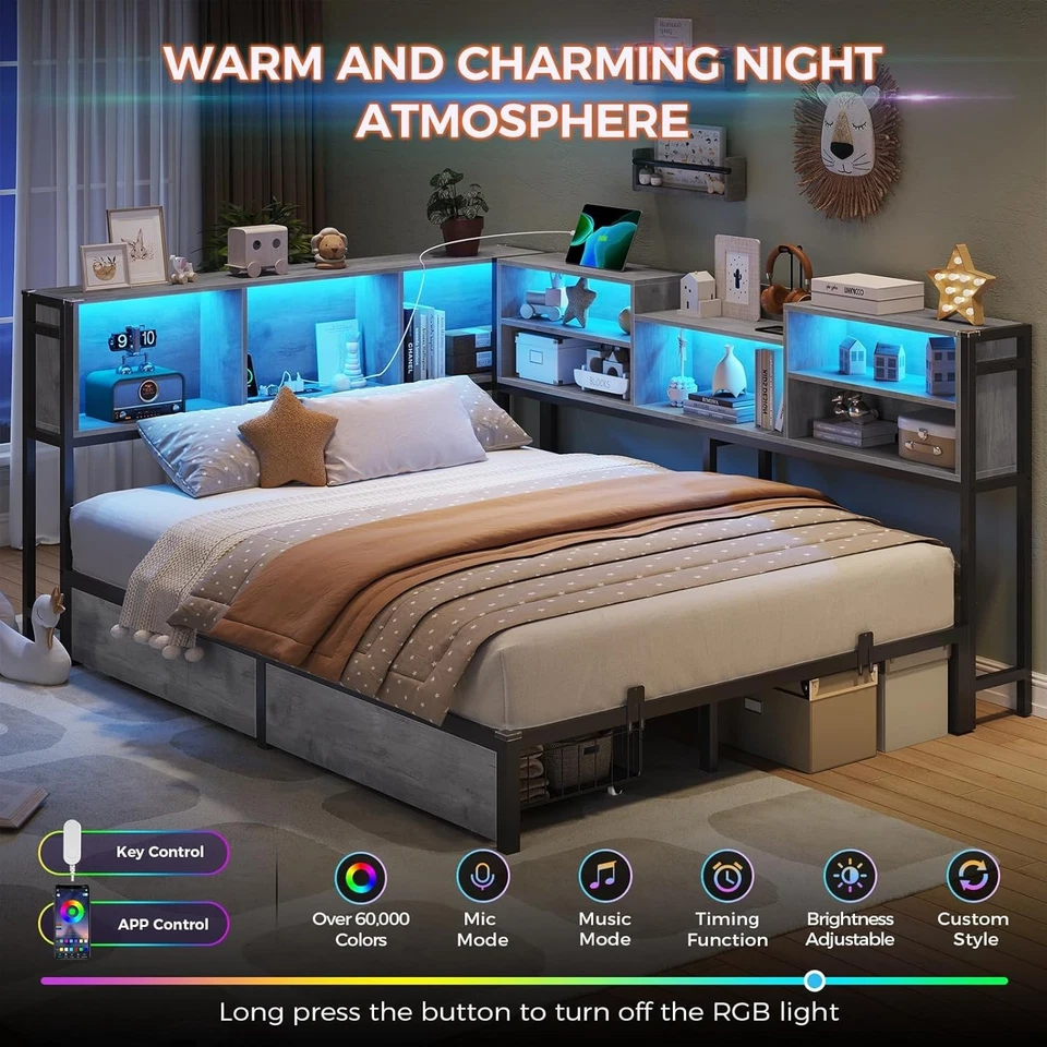 Full Daybed Corner Bed Frame with Charging Station,Led Lights,Bookcase Storage - Image 3 of 4