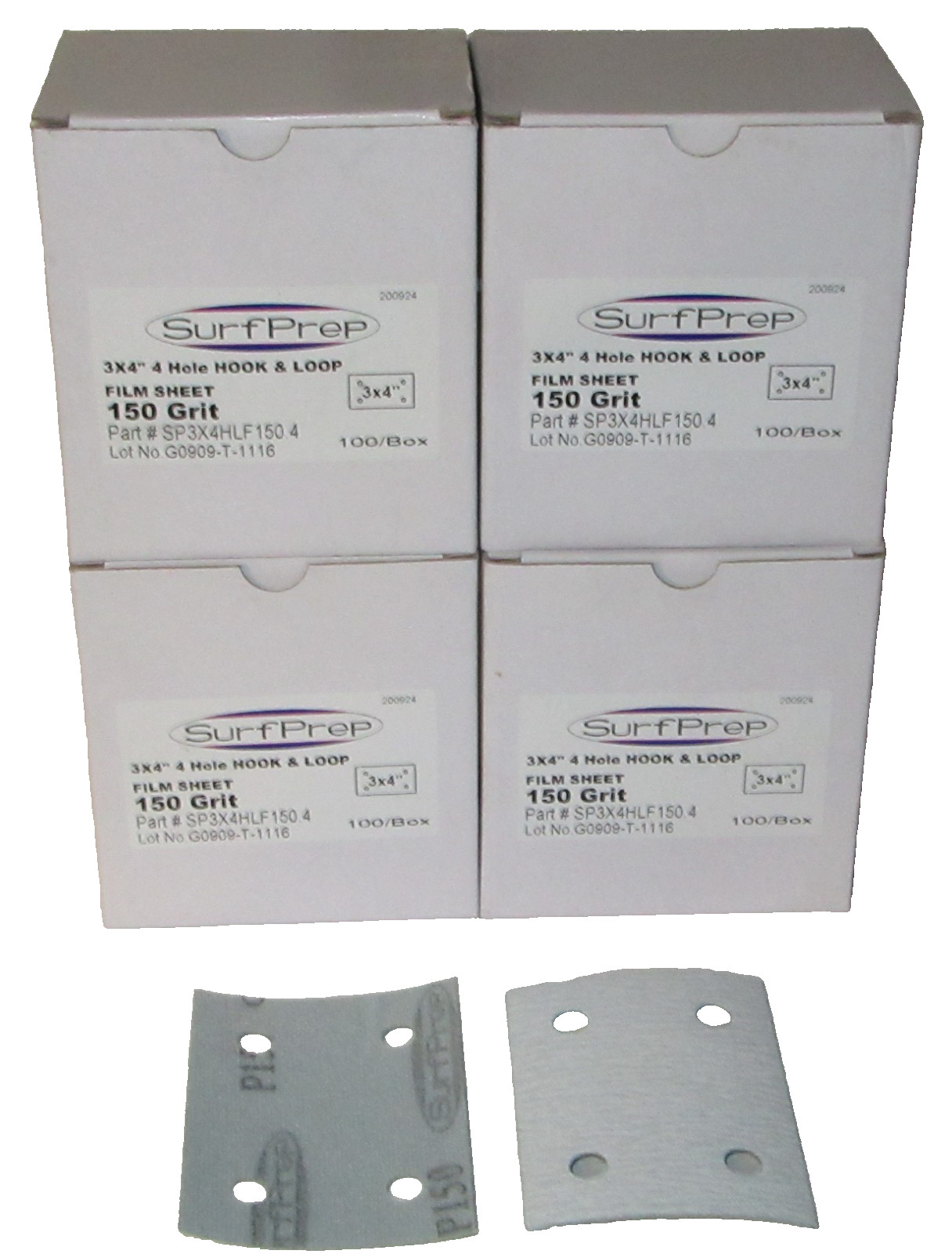 SurfPrep 3" x 4" 150 Grit 4 Hole Hook & Loop Film Sheet 400 Pcs 3x4" SandPaper
