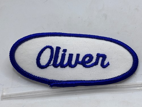 OLIVER  USED EMBROIDERED VINTAGE SEW ON NAME PATCH TAGS OVAL BLUE ON WHITE