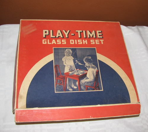 Akro Agate PLAY-TIME Glass Dish Set #234 -- Original Box -- Jadeite & White