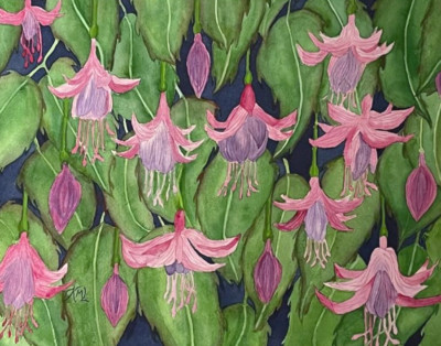 PAINTING WATERCOLOR 11X14 MAT 16X20 FUCHSIA 11X14 PINK PURPLE GREEN ORIGINAL ART