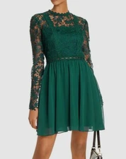 $246 Aqua Women's Green Floral Lace-Bodice Long-Sleeve Mini Fit & Flare Dress M