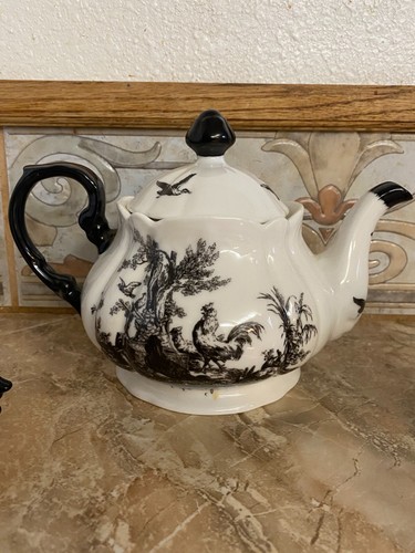 Vintage black & white french toile, ROOSTER - teapot, creamer, sugar - 3 pc - Picture 6 of 11