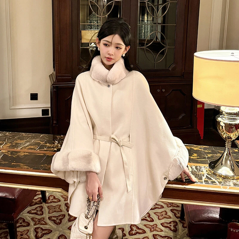 OFF WHITE Cappotto lana invernale lusso donna mantello lungo 100% cashmere cappotto pelliccia coniglio manica