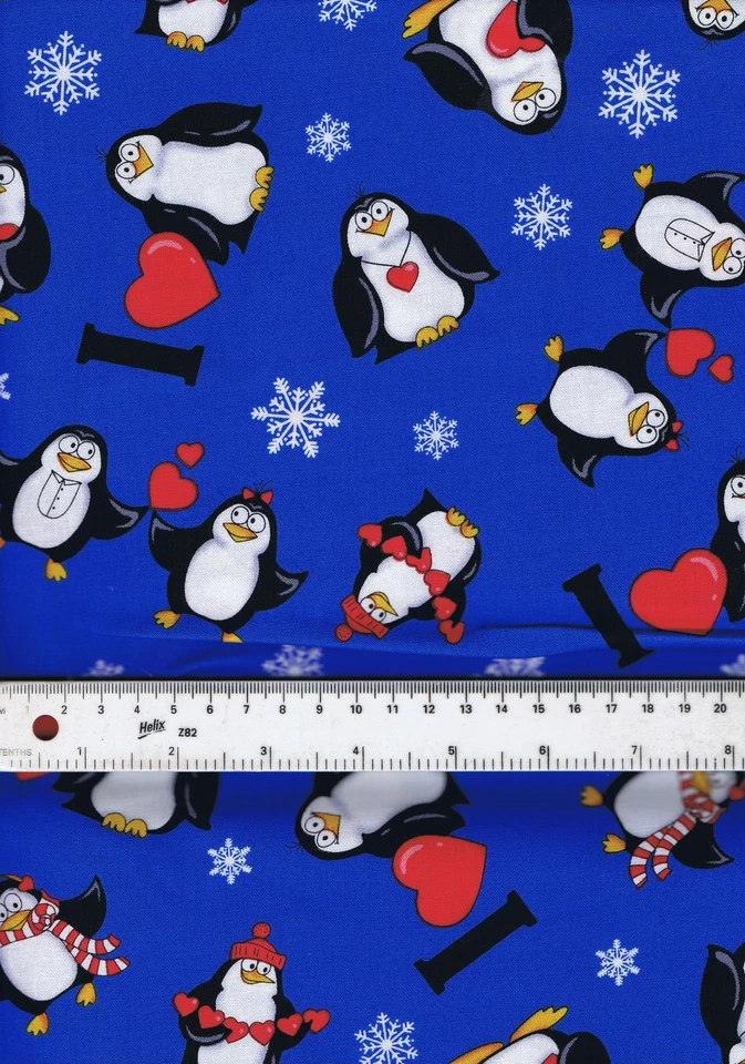 BENARTEX - KANVAS Fat Quarter I Luv Penguins 100% Cotton Quilting Fabric Royal Blue