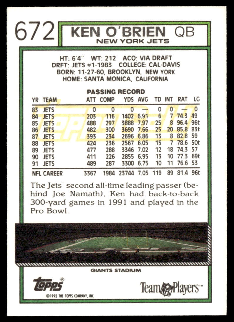 1992 Topps #672 Ken O'Brien Football New York Jets | eBay