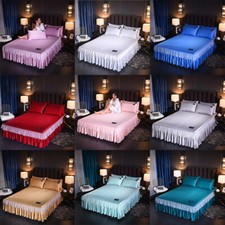 Luxury Satin Silky Bed Skirt /Pillowcase Dust Ruffle Elegant Bed Sheet Bedspread