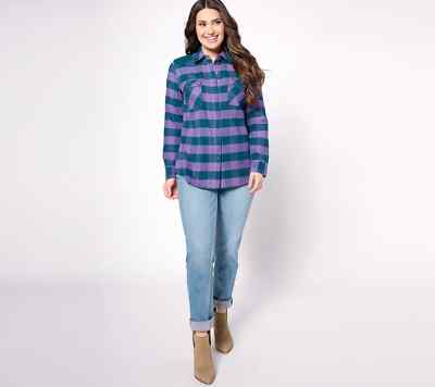 Denim Buffalo Plaid Button Front Flannel Shirt, Wisteria, XS