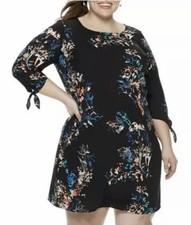 EVRI Womens Plus Size 3X Printed Knot Sleeve Shift Dress Black Floral New $56.00