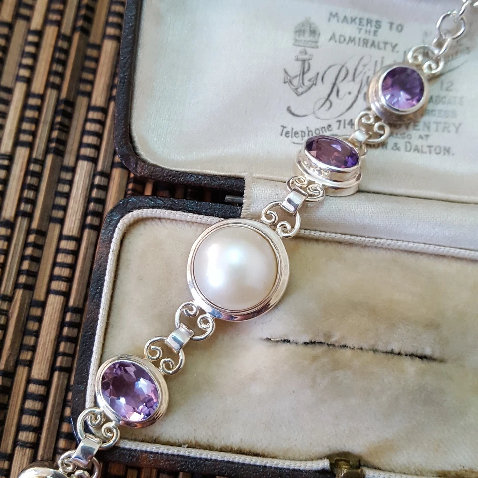 Brazalete de tenis de plata de ley 925, perla grande de agua dulce y amatista, 7,4" Foto 3 de 4