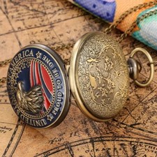 American Flag Eagle Quartz Pocket Watch Vintage Bronze Necklace Watch Gift Women