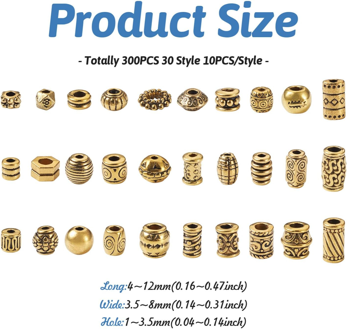 300Pcs Antique Golden Tibetan Alloy Spacer Beads 30 Styles Assorted Polygon Colu