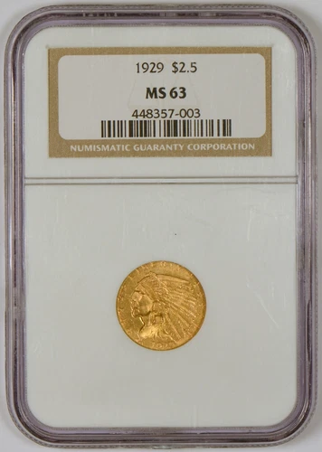 1929 $2.50 Indian Head U.S. Quarter Eagle Gold Coin Graded MS63 by NGC