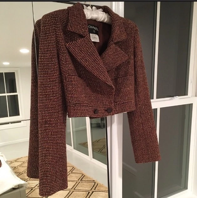 CHANEL Paris Fall 2001 Brown Wool Tweed Women’s Cropped Jacket Skirt Suit