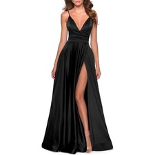 La Femme Black Long Satin Prom Gown Dress with Side Slit Full Skirt Size 0 NWT