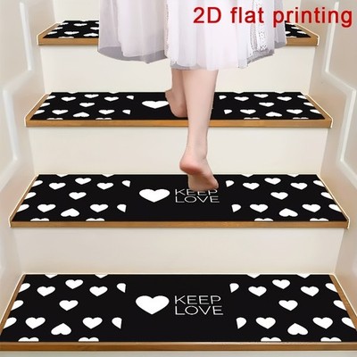 Black Background with White Heart Pattern Stair Treads, Non-slip Step Mats, Pr