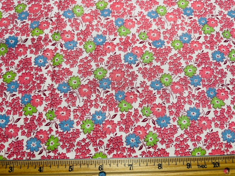 Antique Vintage Cotton Fabric 1930s 40s PRETTY Pink Green Blue Floral 35w 1/2yd