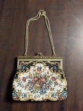 Vintage Style Floral Tapestry Handbag Kiss Lock Frame Chain Handle Evening Bag