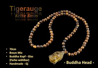 GJ69 SPIRITUELL GEBETS KETTE 8mm TIGERAUGE BUDDHA GLAS-KOPF FARBWAHL