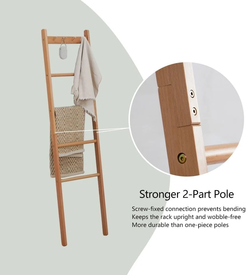 Manta escalera de madera de haya, soporte de edredón natural de granja de 5,3 pies con ganchos superiores, Foto 3 de 4