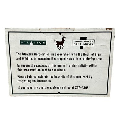 Vintage Stratton Ski Resort Vermont Dept Of Fish & Wildlife Deer Wintering Sign
