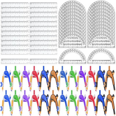 72 Pack Math Compass & Protractor Geometry Math Plastic Ruler Set Drawing Com...