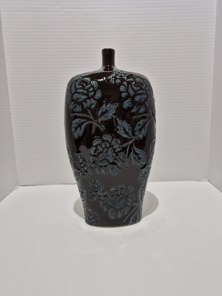 JARRÓN DE HIERBA ESMALTADO EN RELIEVE VINTAGE 13" DE ALTO ARTE DE CERÁMICA DECORATIVO Foto 4 de 4