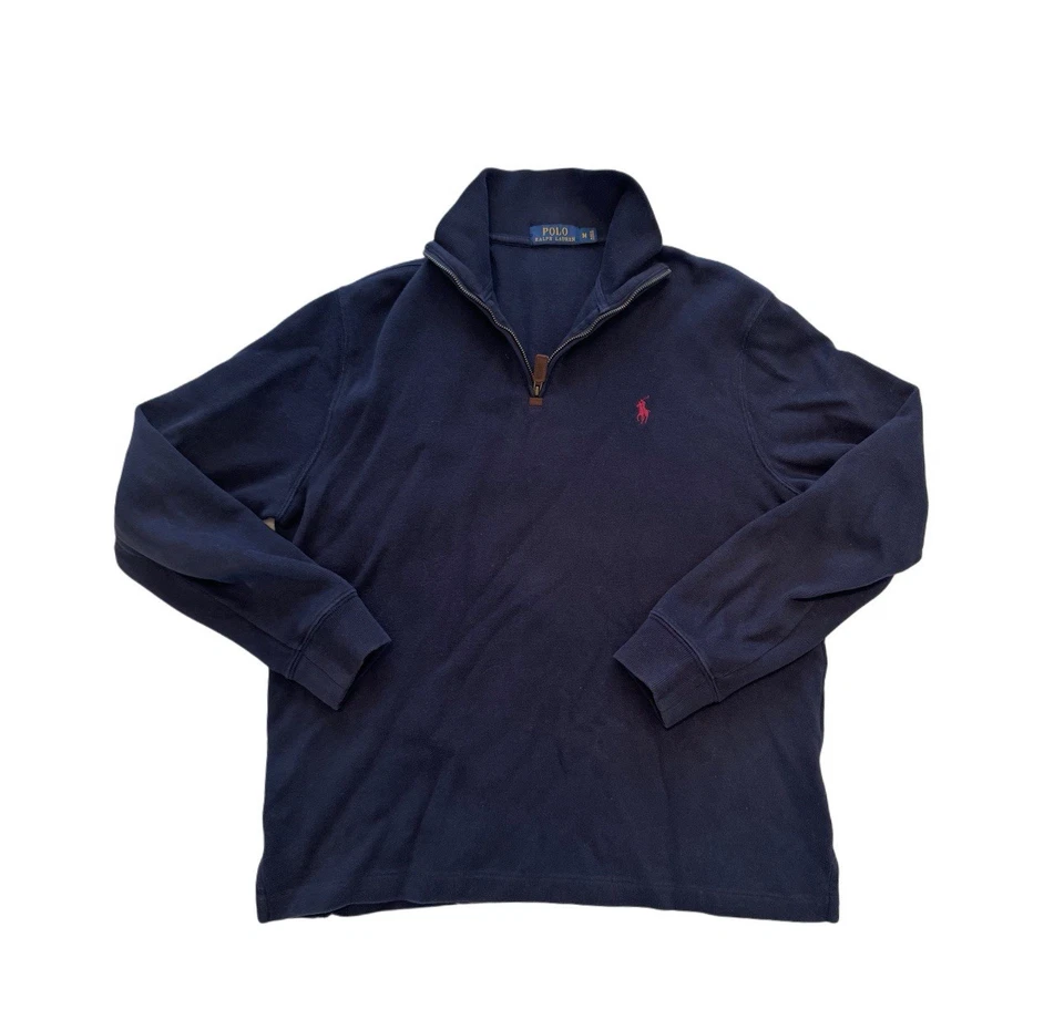 Pulôver POLO Ralph Lauren quarto de zíper M logotipo pônei vermelho marinho 1/4 zíper malha de algodão - Imagem 3 de 4