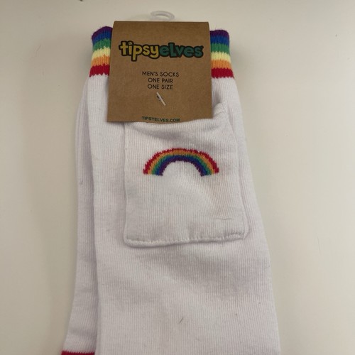 Mens Tipsy Elves White Rainbow 100% Cotton Crew Socks New With Tag
