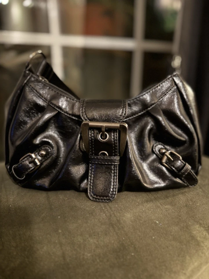 Y2K Black Patent Shoulder Bag | Buckle Detail |Retro Mini Purse - Image 3 of 4