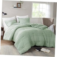 Queen Comforter Set Jacquard Pom-Pom Tufts Boho Full/Queen Sage Green