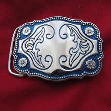 Vintage 3-1/8" Silver and Blue Floral Metal Belt Buckle ,made in USA-EXCELLENT
