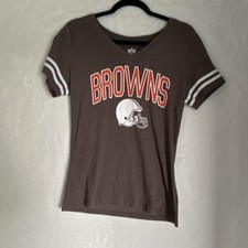 NFL Team Apparel Cleveland Browns Women's Brown V-Neck T-Shirt Striped Sleeves L