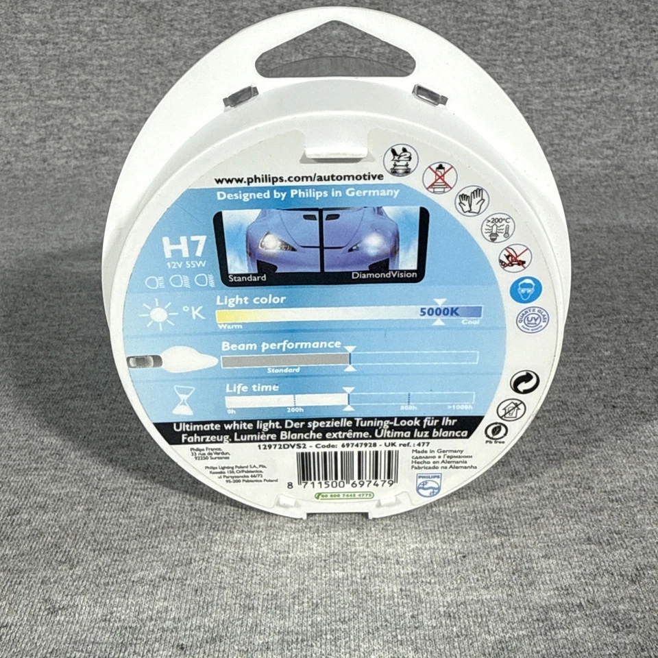 Philips DiamondVision H7 bombillas halógenas para faros 12972DVS2 5000K paquete de 2 Foto 3 de 4