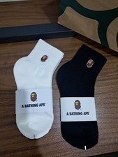 BAPE A Bathing Ape Crew Socks 2-Pack Black White Embroidered Head Streetwear NWT