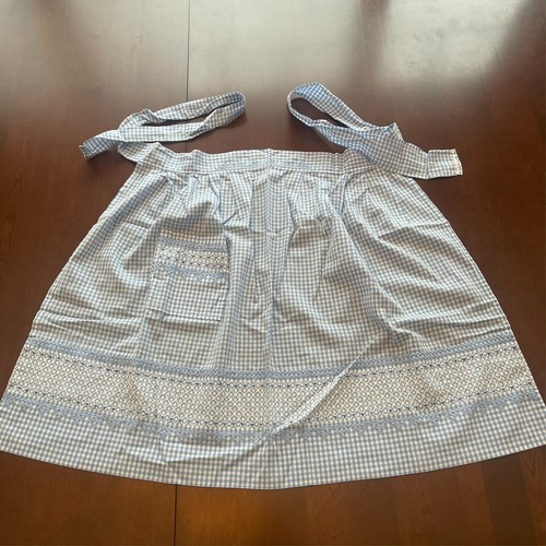 Vintage Handmade Blue Gingham Half Apron Hand-Embroidered Pocket Cotton Cottage