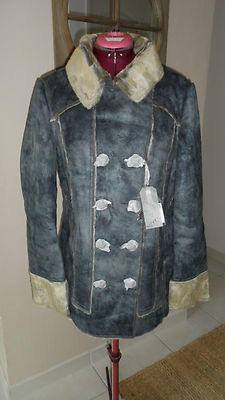 DDP ML Mantel blau-beige Kunstfell - Gr. 40 (FR) - Gr. L (US)