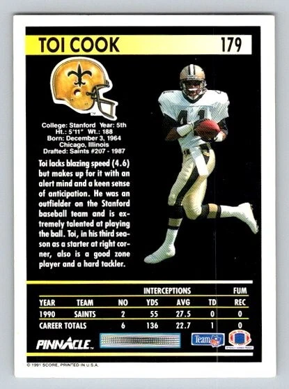 1991 Pinnacle Toi Cook #179 Rookie RC New Orleans Saints - Image 2 of 2