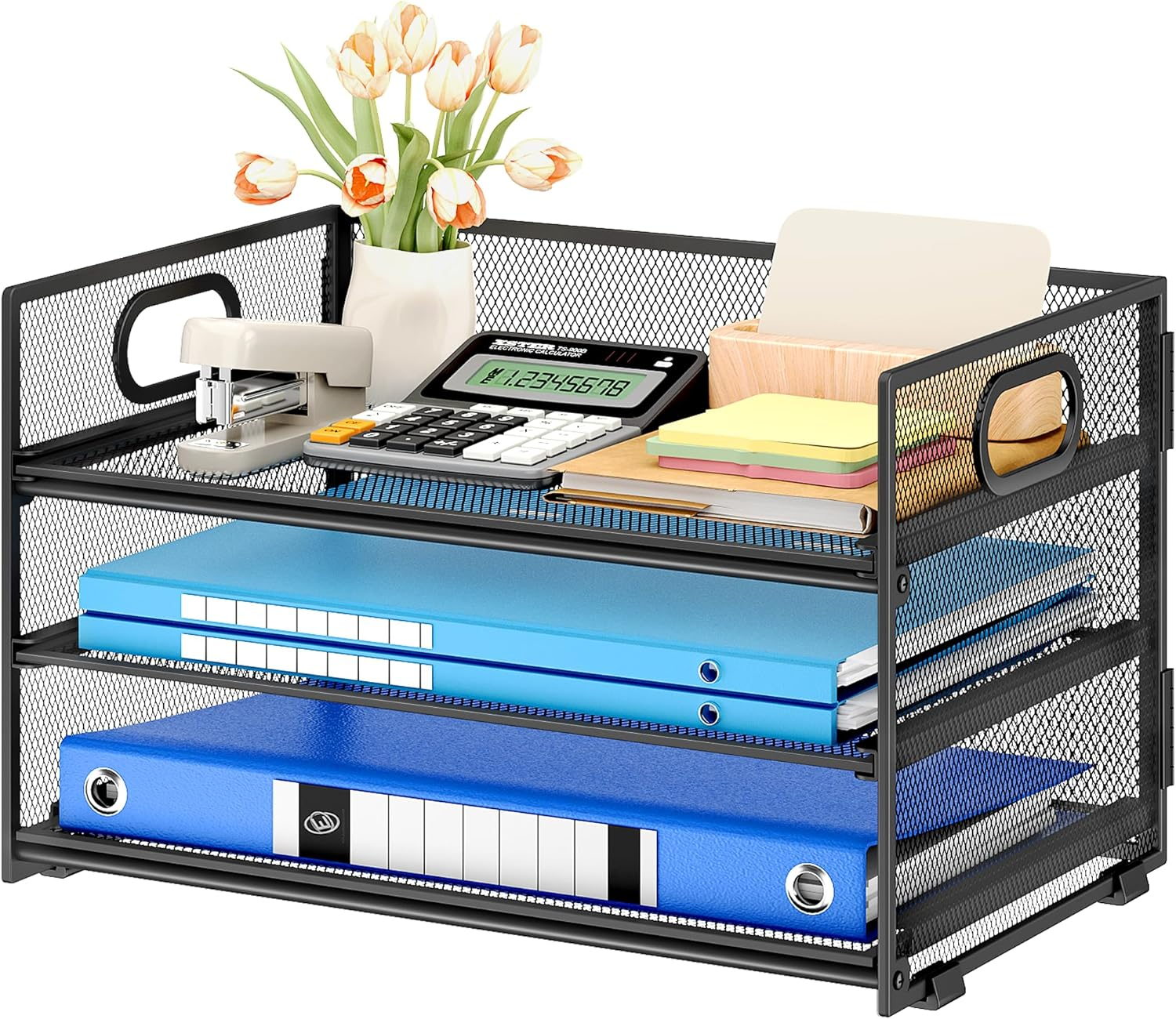 3 Tier Black Metal Mesh Desk Organizer for Paper Files and Letters  