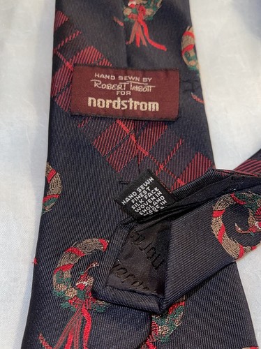 VTG Robert Talbott For Nordstrom Tie Christmas Wreath Turkeys Plaid Red Blue 58" - Picture 6 of 7