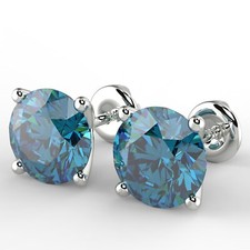 3.09 Ct Round Cut SI2/Blue Diamond Stud Earrings 14K White Gold
