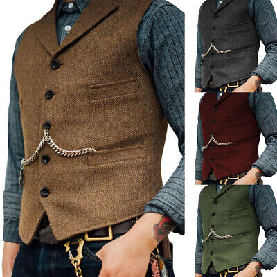 Men's Black Tweed Waistcoat Vintage Vest Casual Suit Wool Herringbone Lapel 3XL+