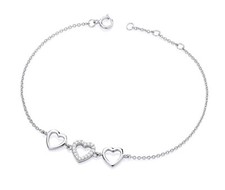 925 Sterling Silver Simulated Diamond Triple Heart Ladies Adjustable Bracelet