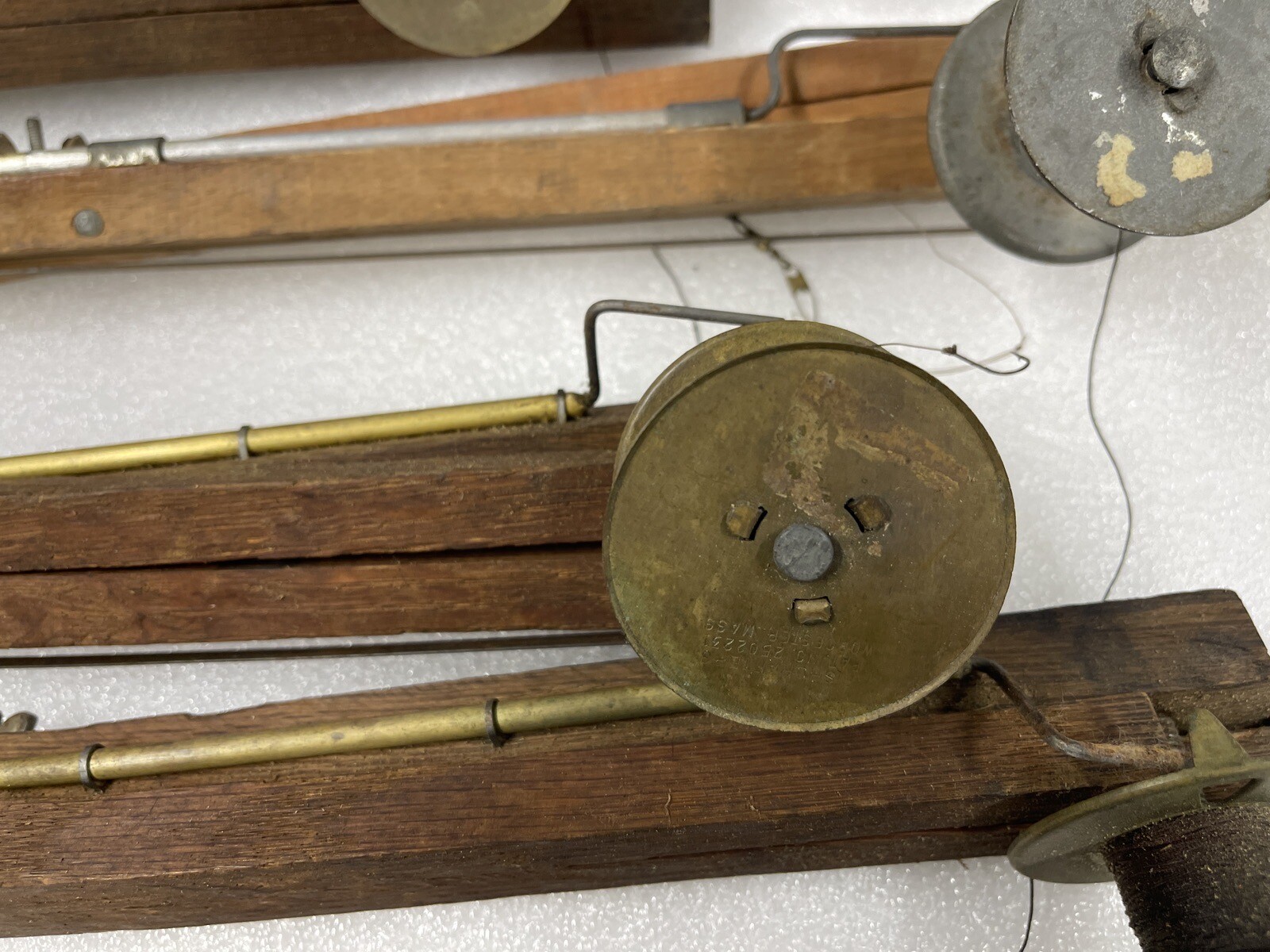 Vintage Wood Ice Fishing Tip Ups Poles Never Fail Metal Reel Flags And