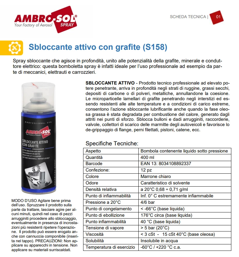 Sbloccante attivo con grafite spray da 400ml Ambrosol - Immagine 2 di 2
